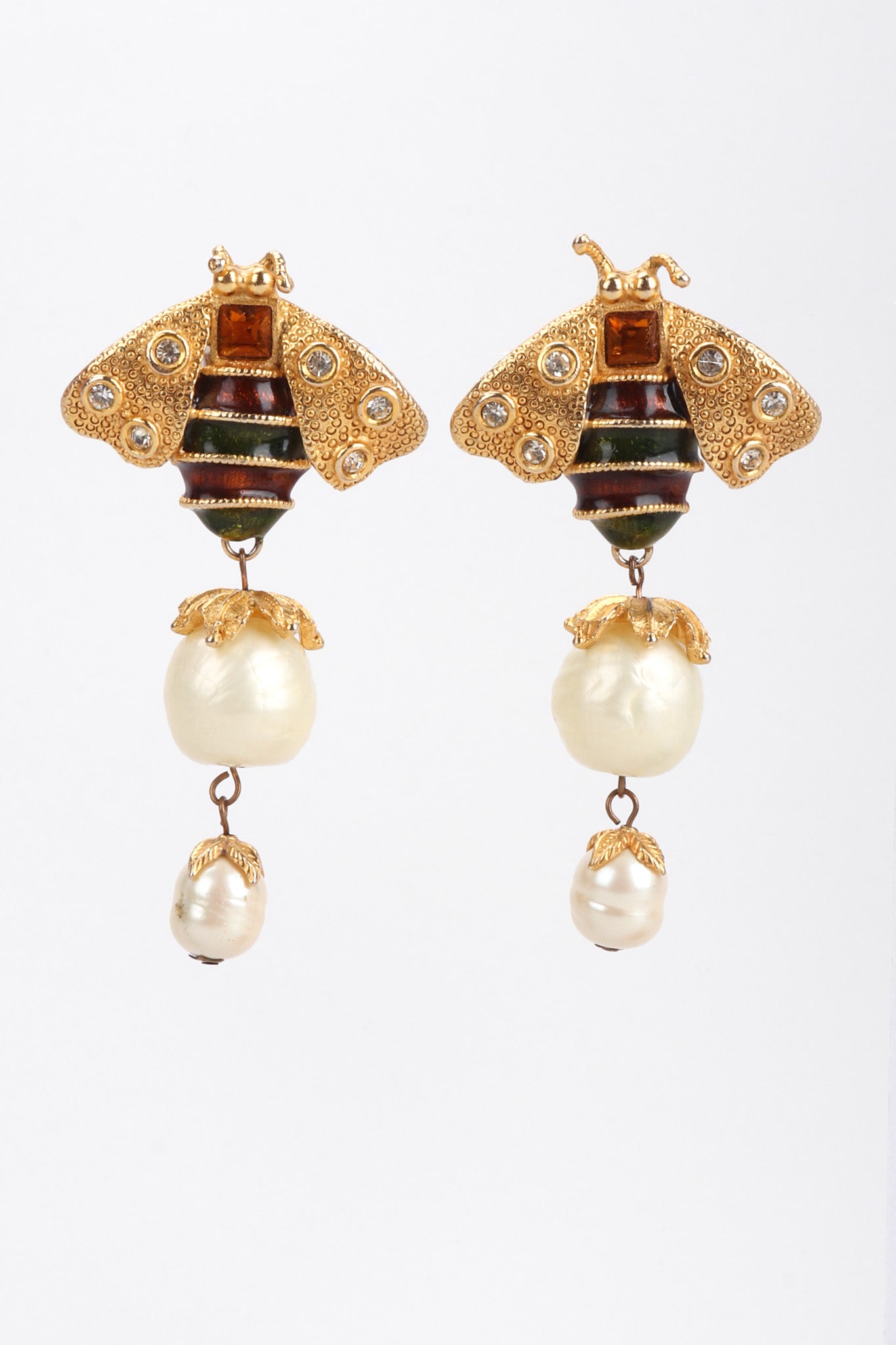 Recess Los Angeles Vintage Yosca Bee Pearl Drop Earrings Yellow Enameled Body Dotted Rhinestone Wings 