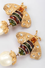 Recess Los Angeles Vintage Yosca Bee Pearl Drop Earrings Yellow Enameled Body Dotted Rhinestone Wings 