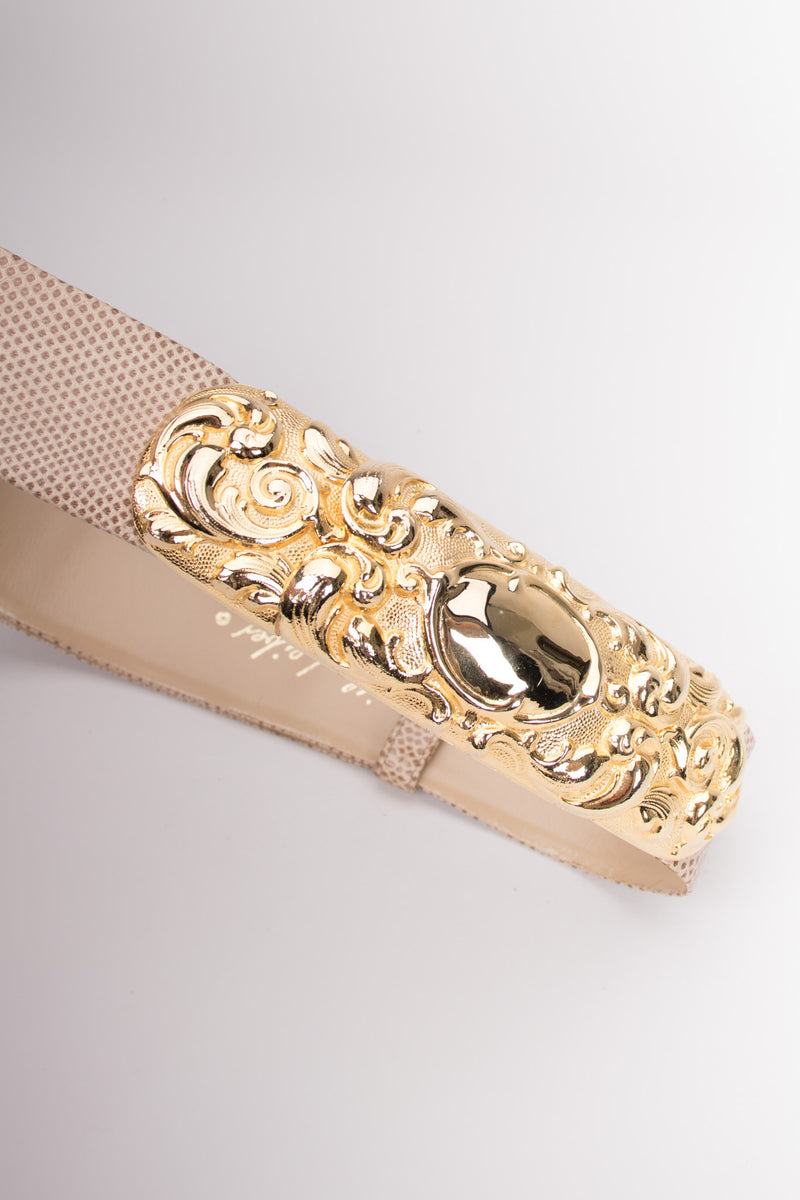 Judith Leiber Scrolled Statement Baroque Buckle Lizard Belt