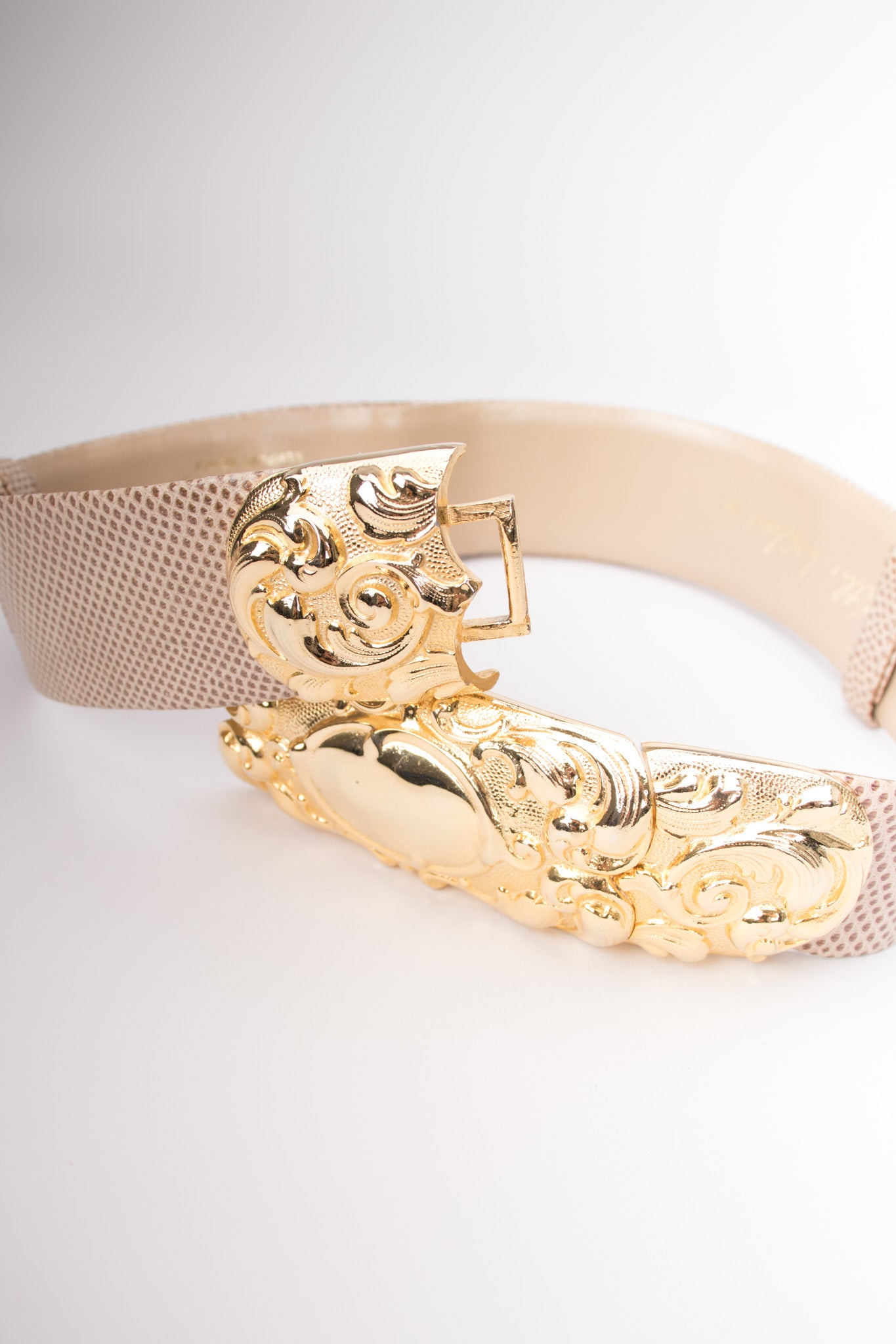 Judith Leiber Scrolled Statement Baroque Buckle Lizard Belt