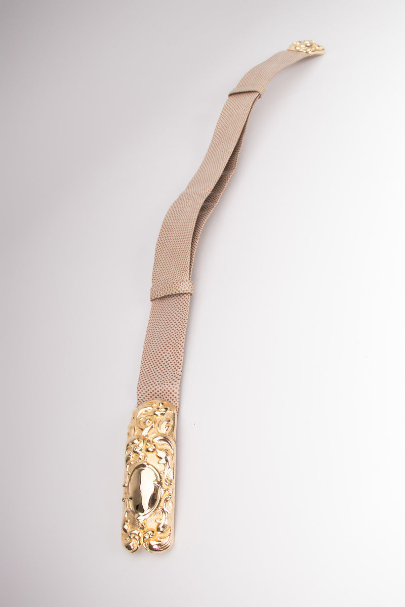 Judith Leiber Scrolled Statement Baroque Buckle Lizard Belt