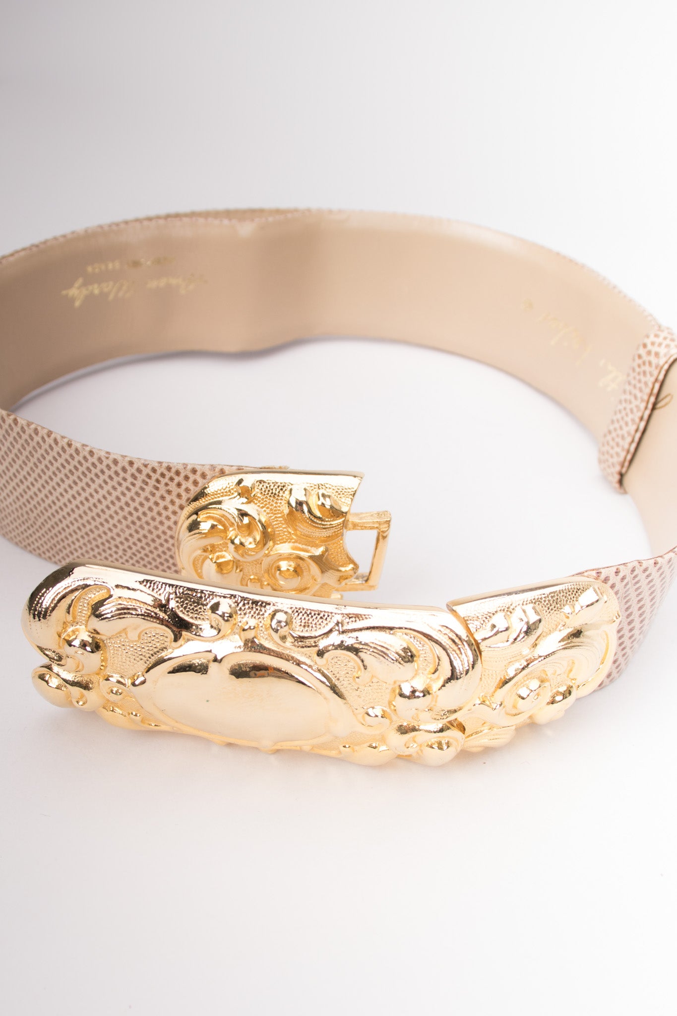 Judith Leiber Scrolled Statement Baroque Buckle Lizard Belt