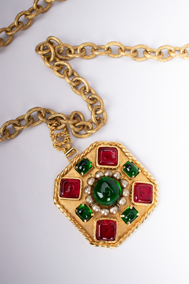 Chanel 2005 Gripoix Ruby Emerald Cabochon Medallion Pendant Necklace