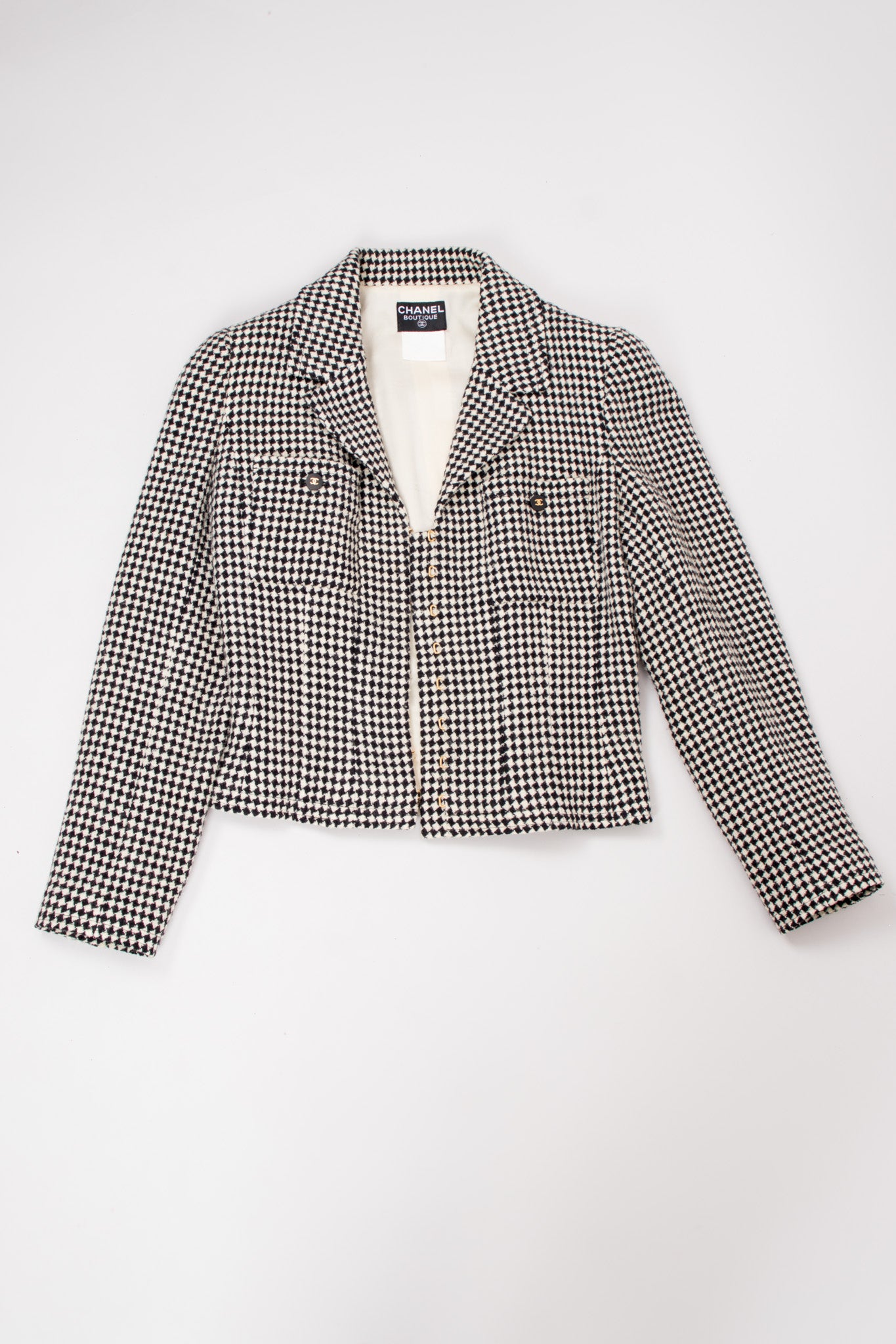 Chanel Wool Houndstooth Hook Front Jacket Blazer