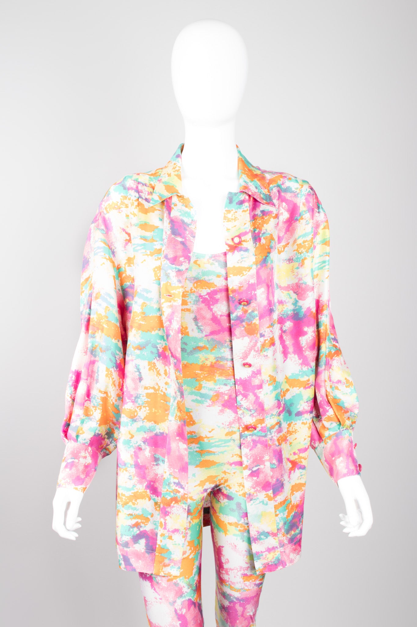 Chanel Boutique Watercolor Spandex  Unitard Jumpsuit & Silk Shirt Set