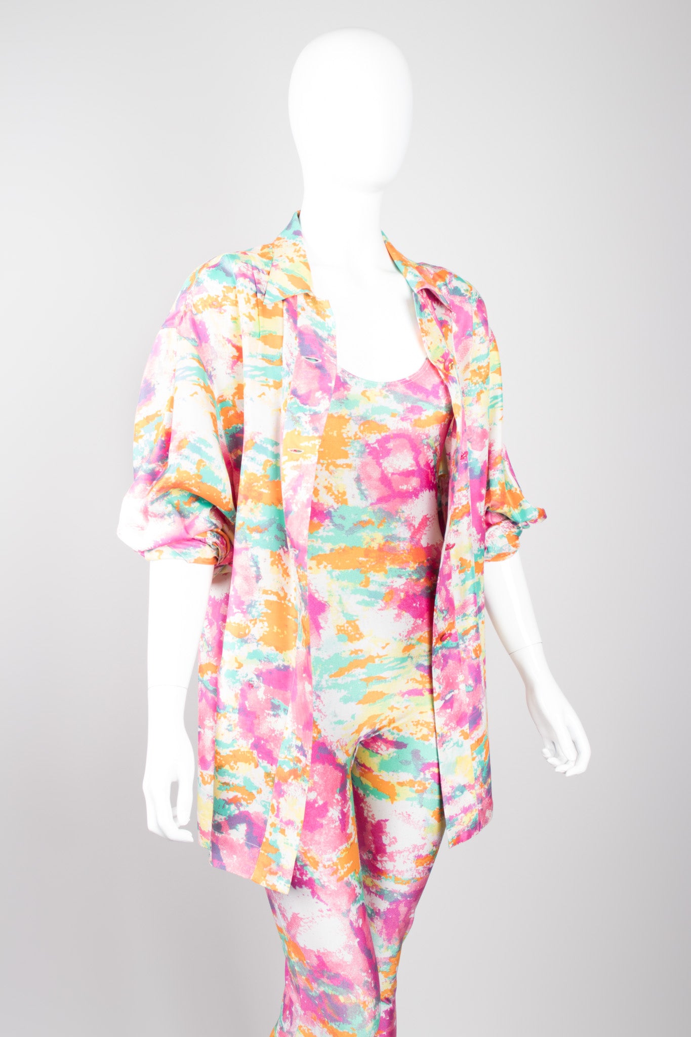 Chanel Boutique Watercolor Spandex  Unitard Jumpsuit & Silk Shirt Set