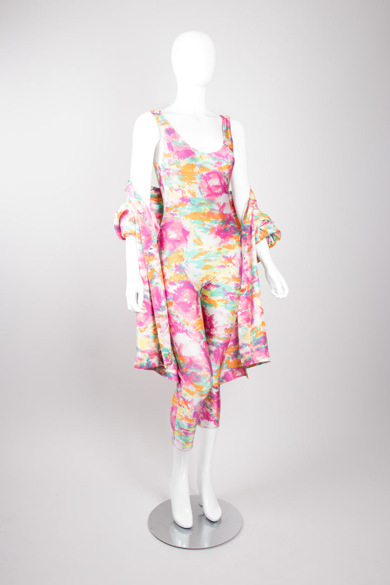 Chanel Boutique Watercolor Spandex  Unitard Jumpsuit & Silk Shirt Set