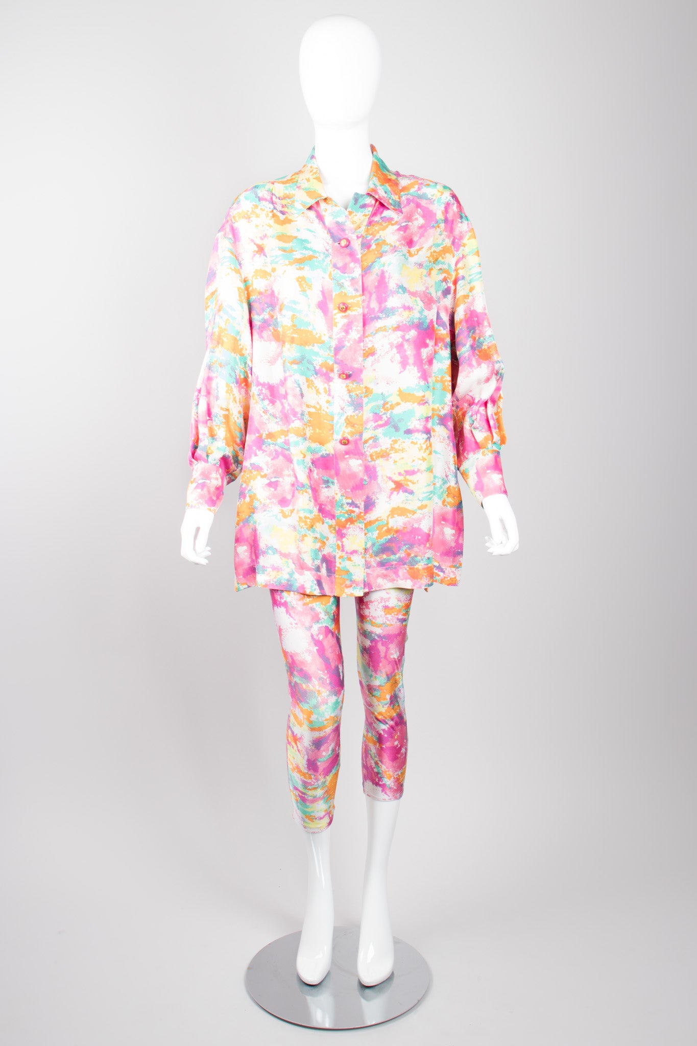 Chanel Boutique Watercolor Spandex  Unitard Jumpsuit & Silk Shirt Set