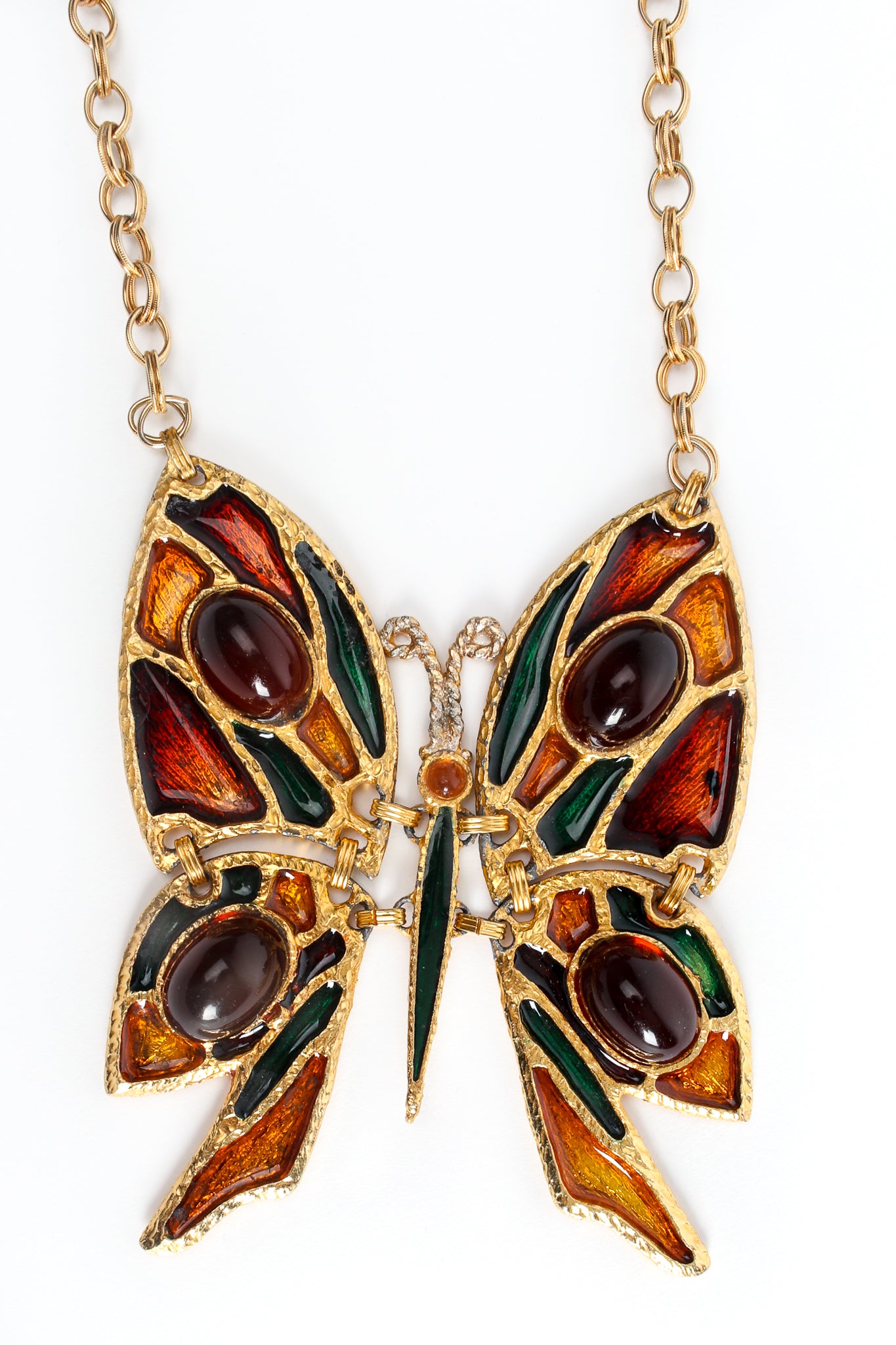 Vintage Artisanal Enamel Butterfly Plate Necklace Front Detail at Recess LA