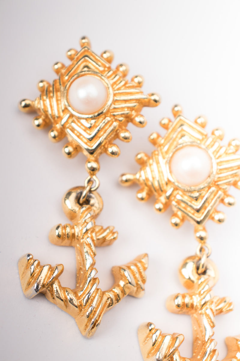 Escada 80s Anchor Drop Faux Pearl Statement Clip Earrings