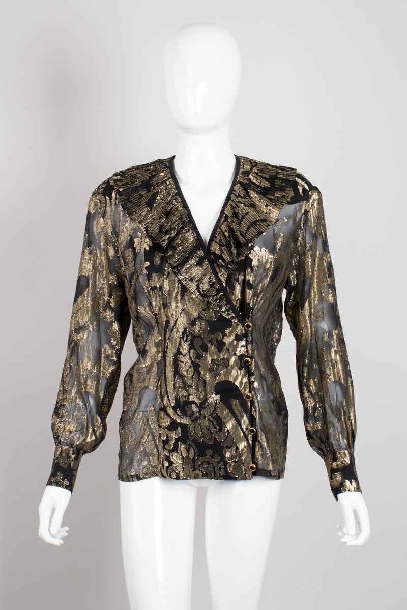 Escada Sheer Brocade Pleated Ruffle Collar Wrap Blouse Jacket