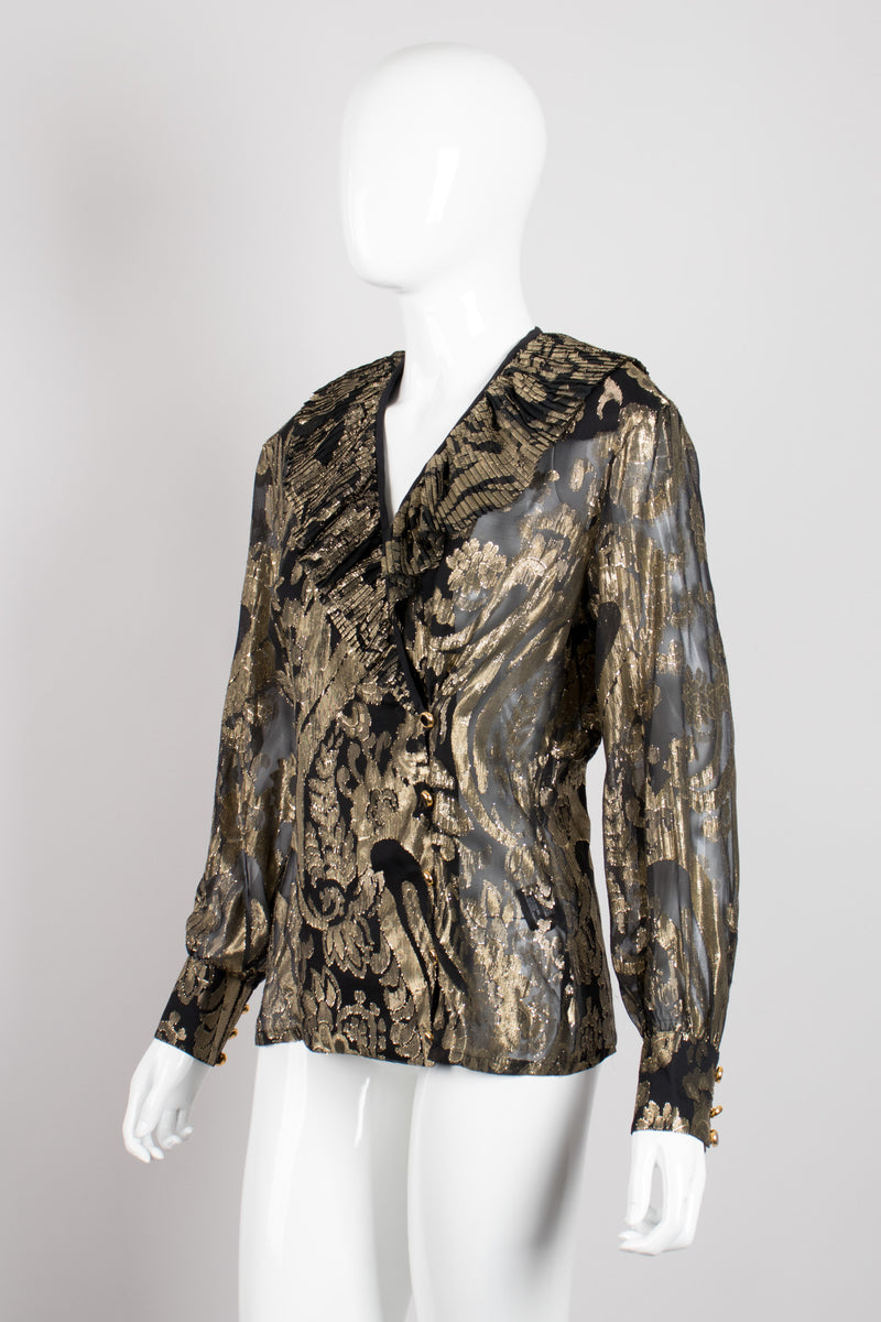 Escada Sheer Brocade Pleated Ruffle Collar Wrap Blouse Jacket