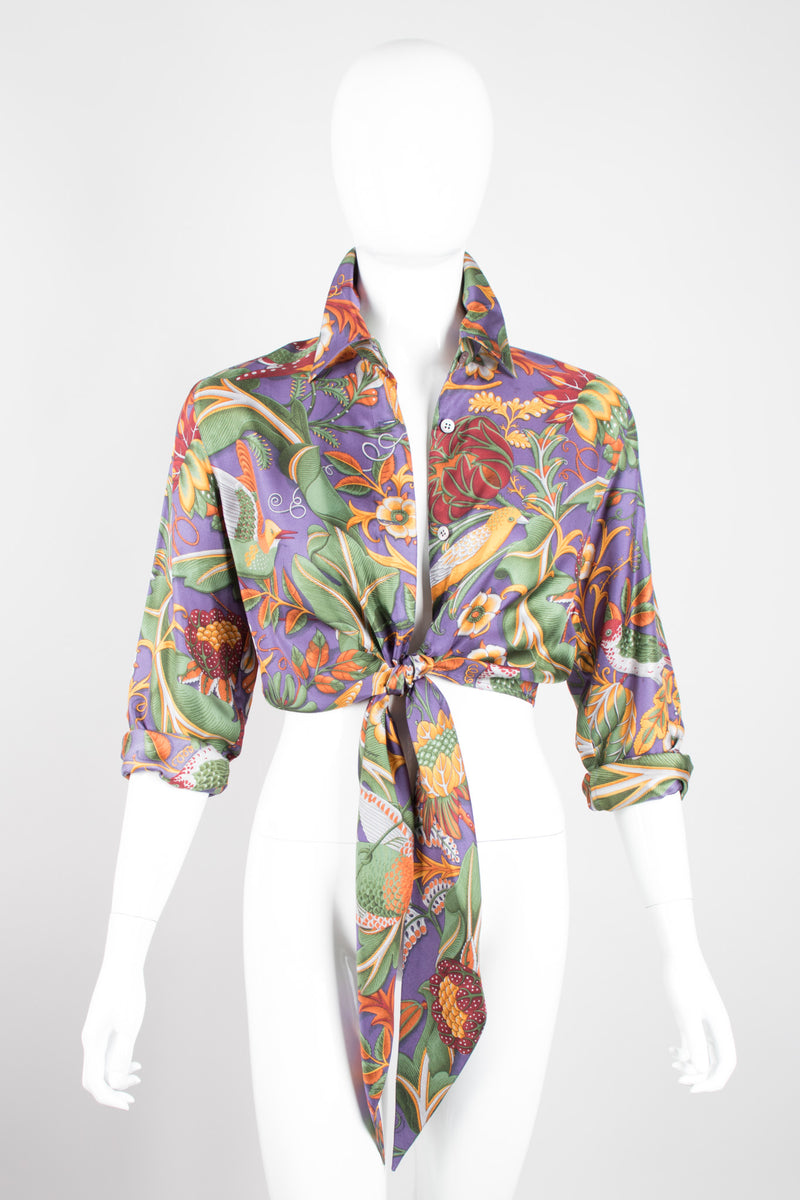 Salvatore Ferragamo Cropped Silk Print Tie Blouse