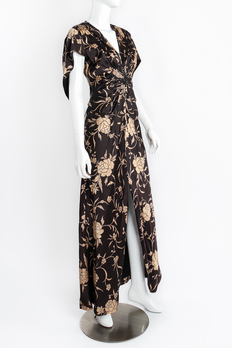 Vintage John Galliano Floral Satin Smocked Waist Dress on Mannequin angle at Recess Los Angeles