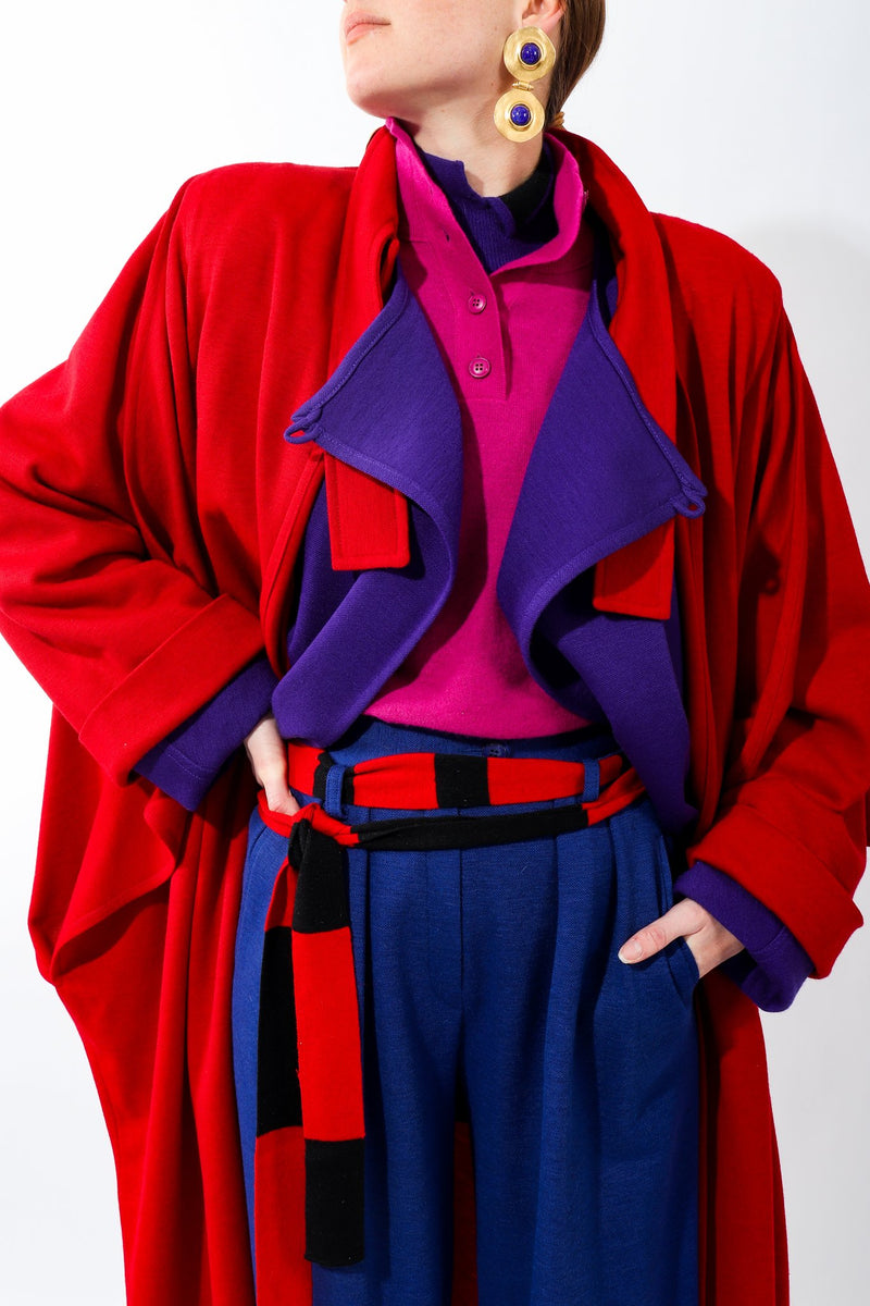 Close up of Girl in Vintage Sonia Rykiel Purple Knit Turtleneck Sweater and layers of coats