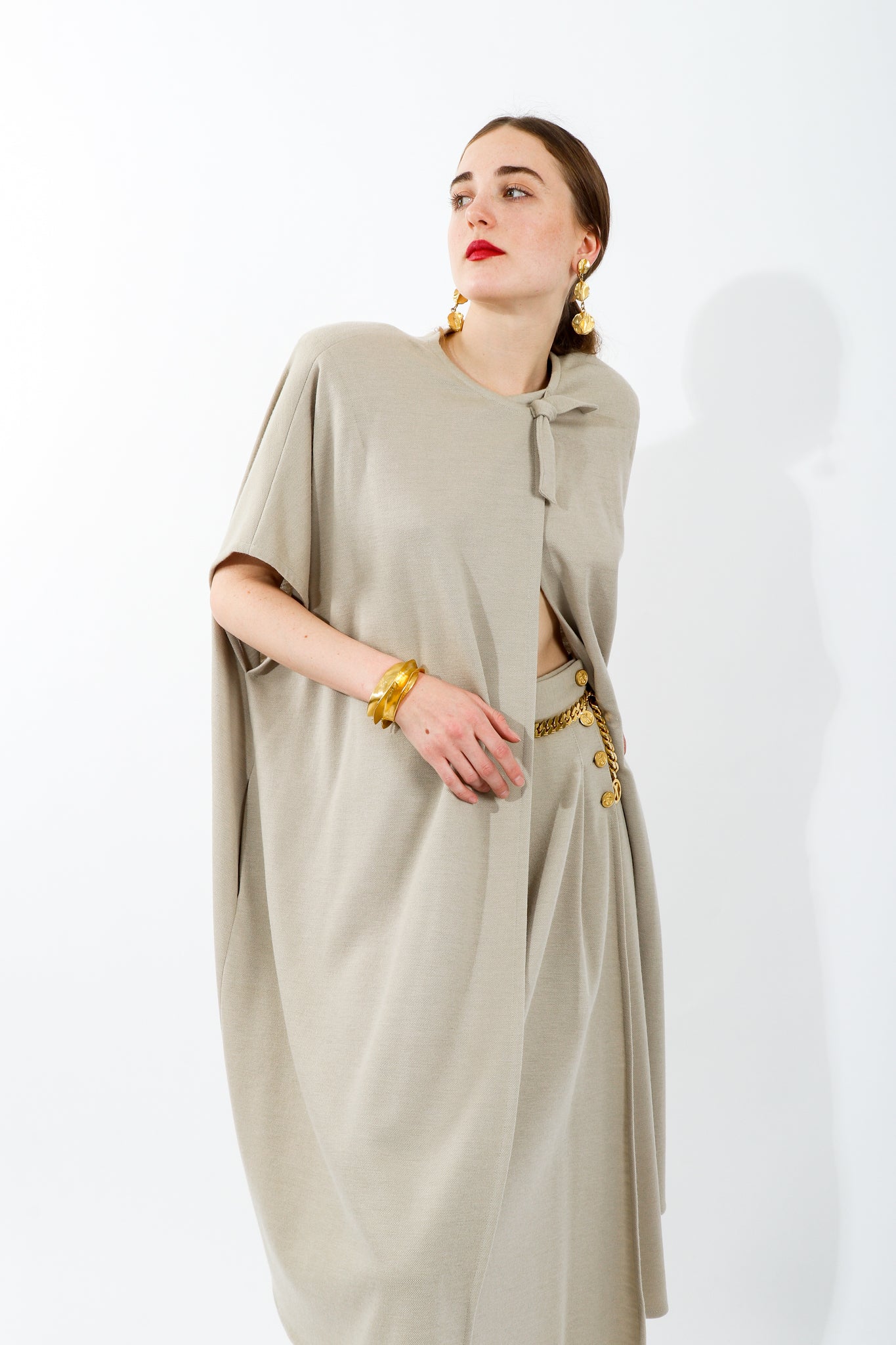 Girl wearing Vintage Sonia Rykiel Sand Beige Knit Cape & Skirt Set