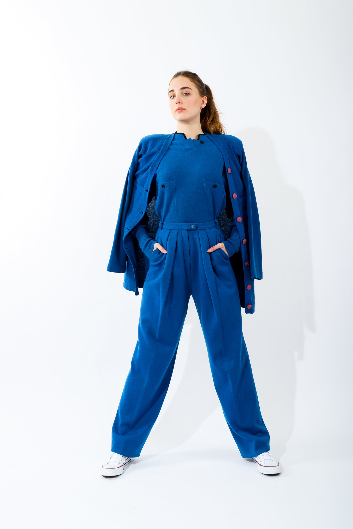 Girl wearing Vintage Sonia Rykiel Blue Knit Longline Cardigan & Pant Set