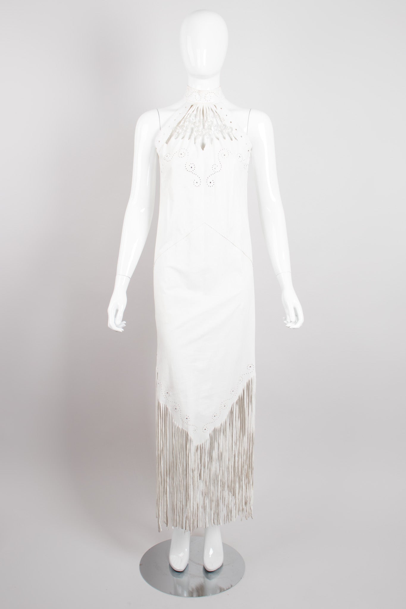 Design By Mandana Beaded Leather Fringe Halter Dress