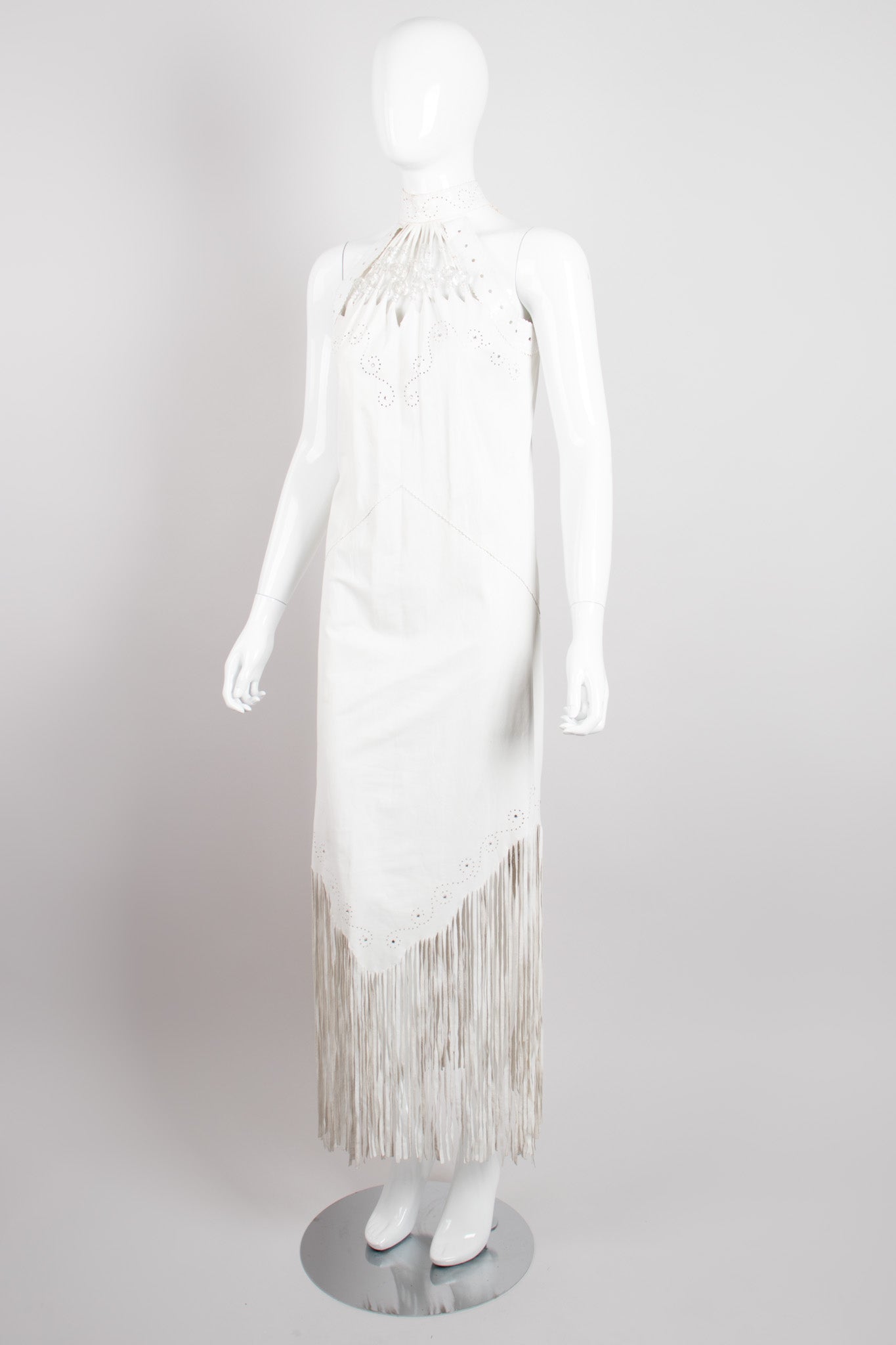 Design By Mandana Beaded Leather Fringe Halter Dress