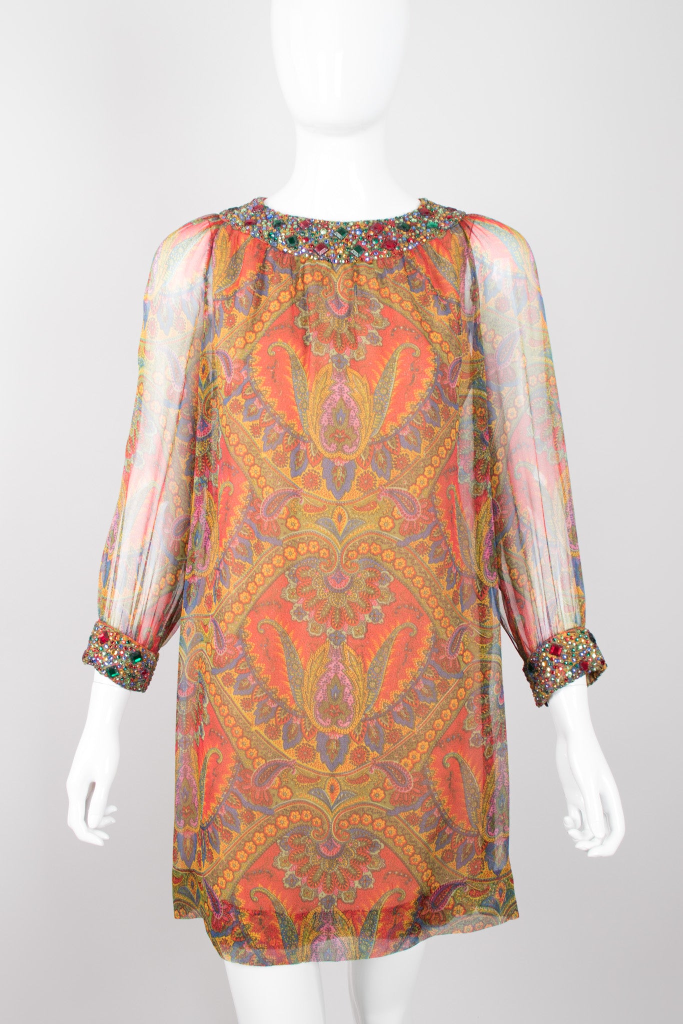 Adele Simpson Jeweled Paisley Silk Chiffon Shift Dress