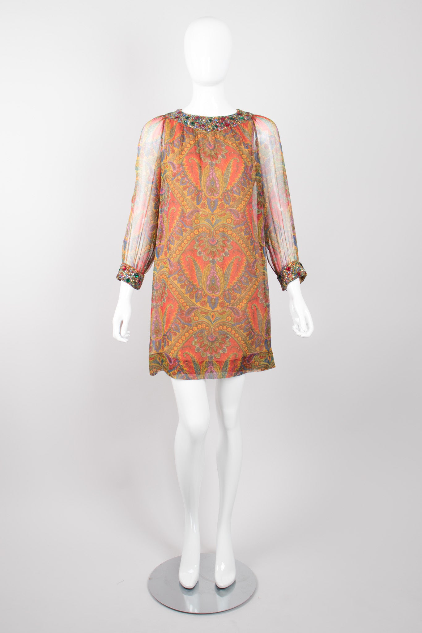 Adele Simpson Jeweled Paisley Silk Chiffon Shift Dress