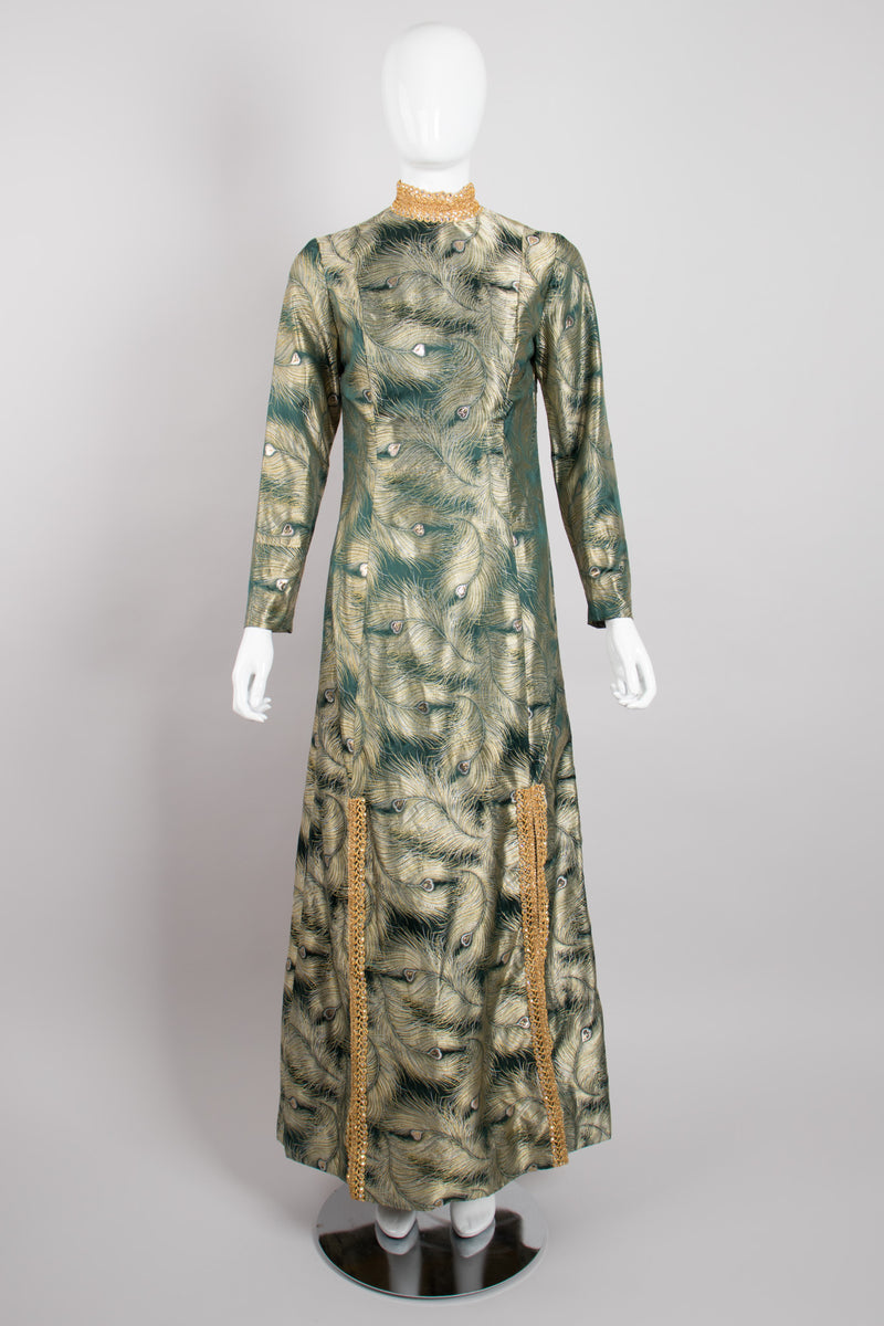 Fashioned by Mildred of Covina Emerald Gold Metallic Brocade Peacock Dress