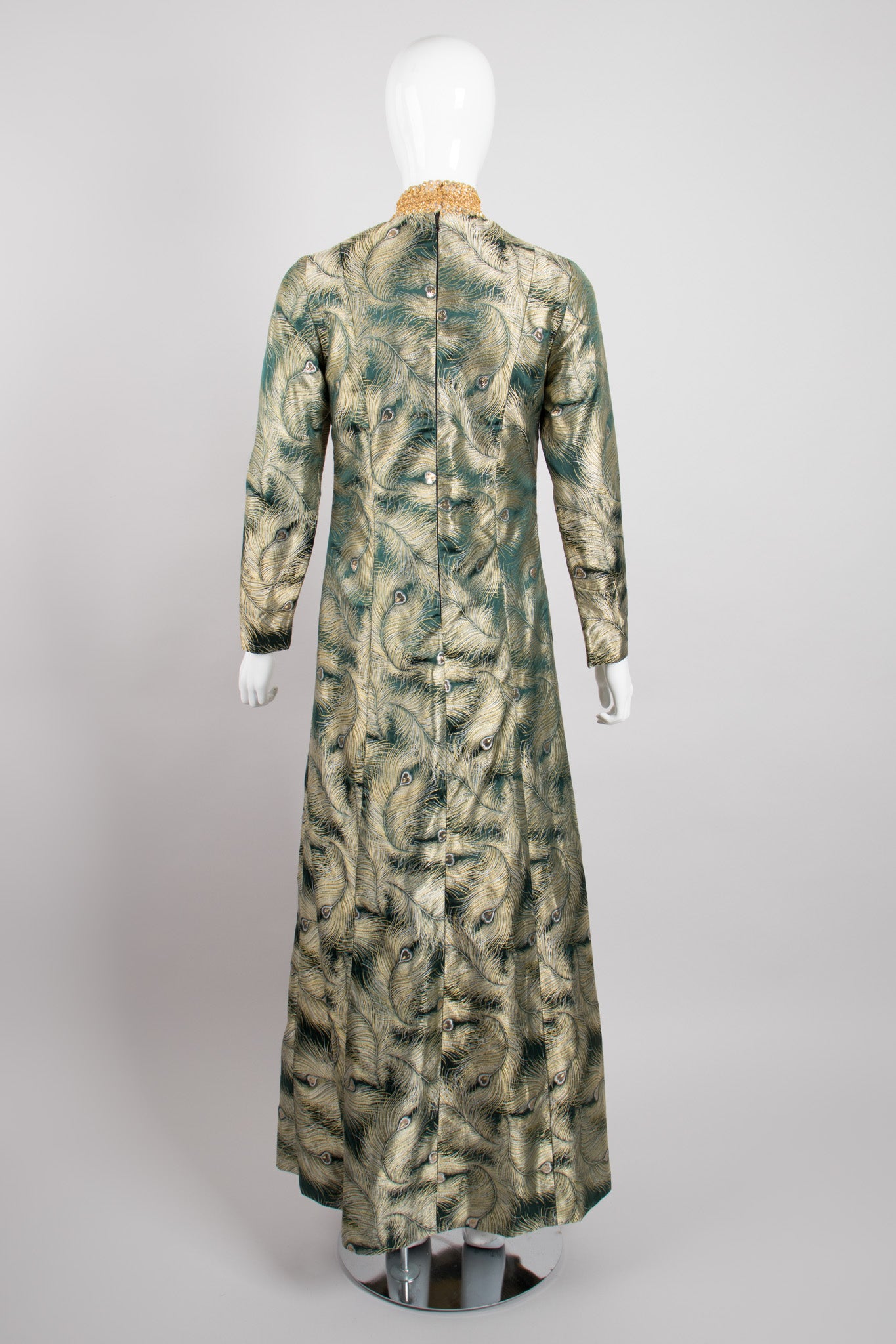 Fashioned by Mildred of Covina Emerald Gold Metallic Brocade Peacock Dress