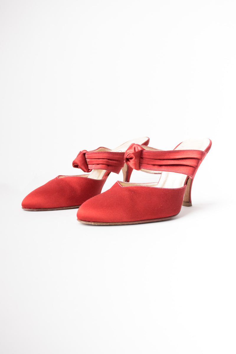 Peter Fox Knot Red Satin Almond Toe Heeled Mules