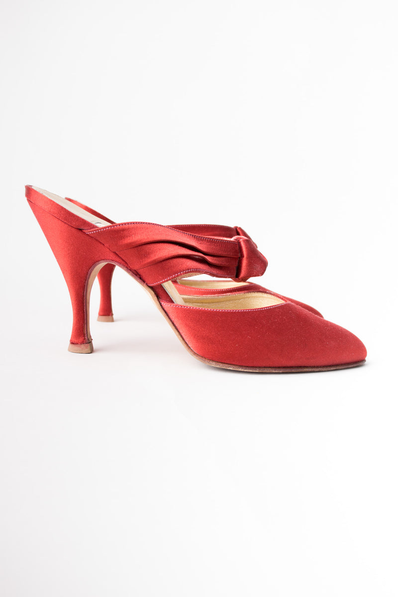 Peter Fox Knot Red Satin Almond Toe Heeled Mules