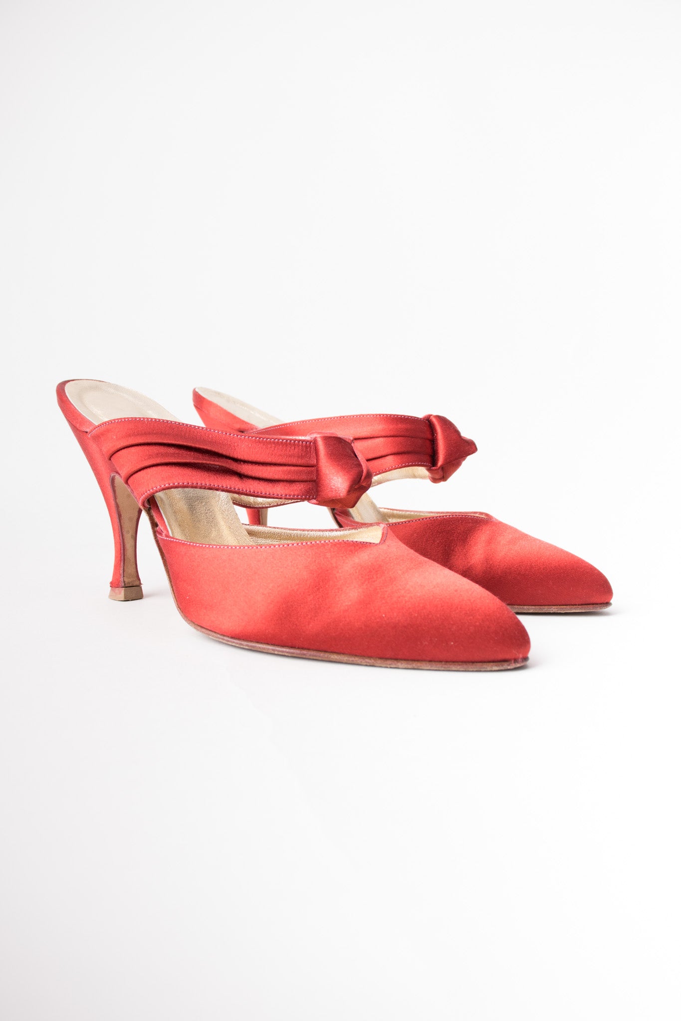 Peter Fox Knot Red Satin Almond Toe Heeled Mules