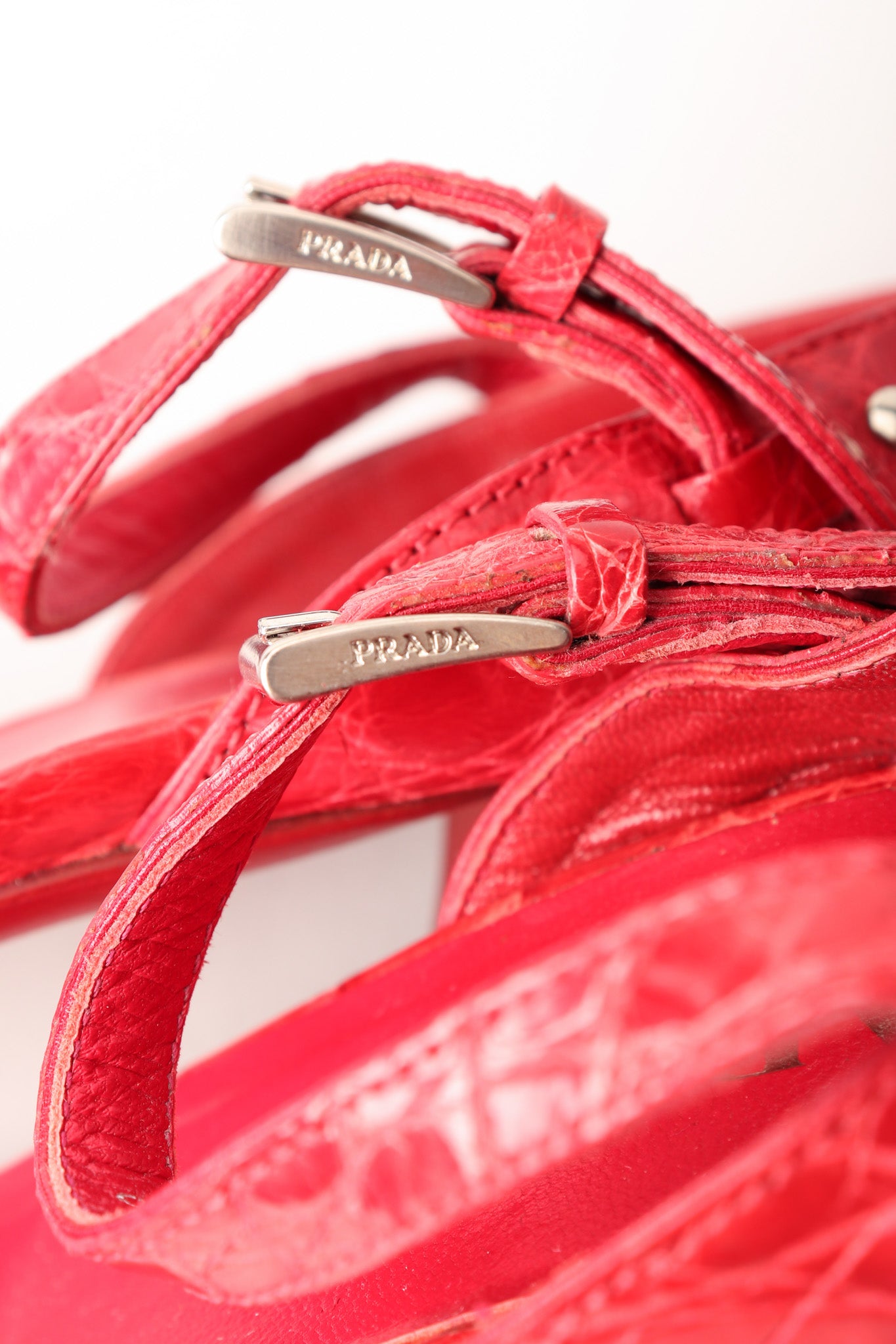 Prada Red Ankle Strap Crocodile Leather Heels