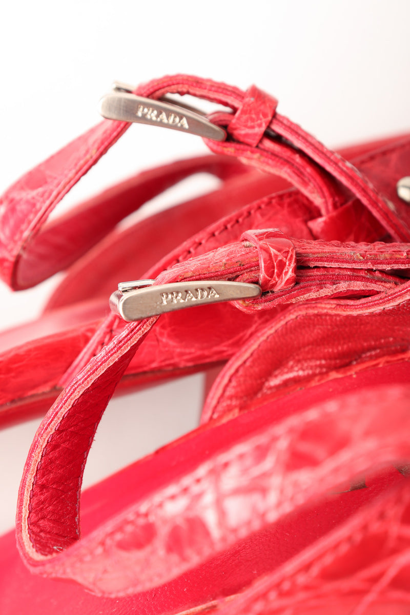 Prada Red Ankle Strap Crocodile Leather Heels