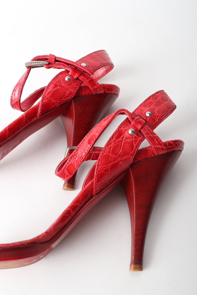 Prada Red Ankle Strap Crocodile Leather Heels