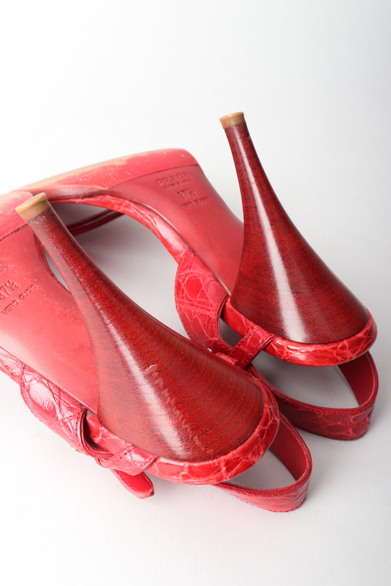 Prada Red Ankle Strap Crocodile Leather Heels