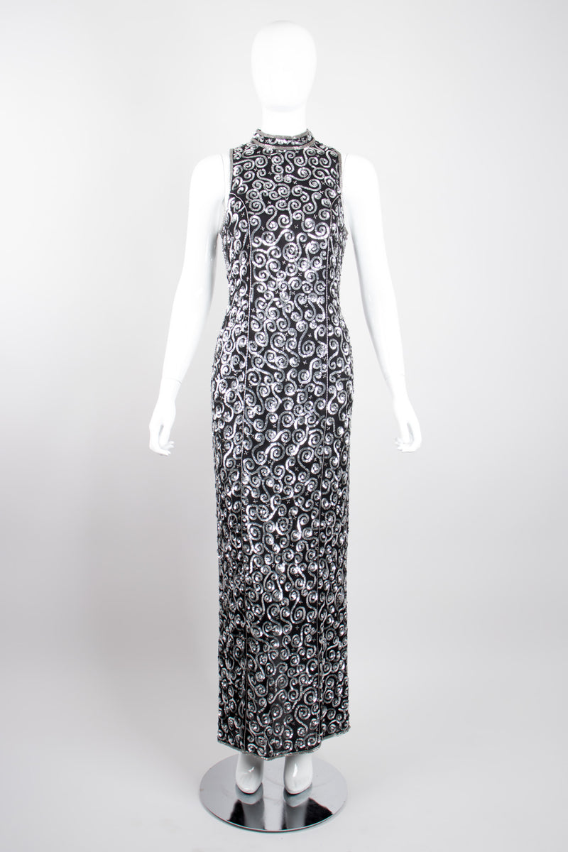 Scala Silk Sequin Swirl Mandarin Mock Neck Column Sheath Dress