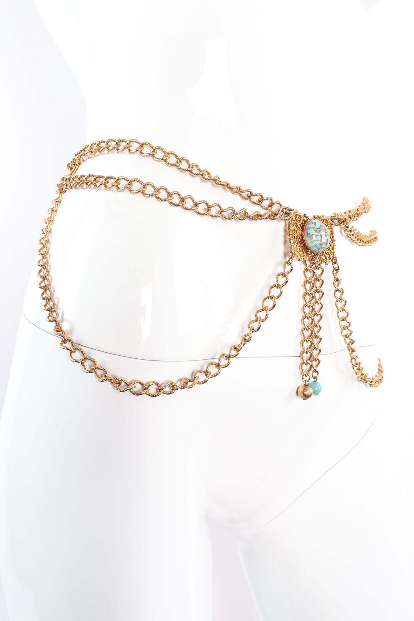 Vintage Turquoise Filigree Draped Chain Harness on Mannequin as belt at Recess Los Angeles