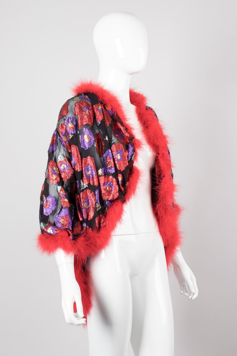 Saint Laurent Rive Gauche YSL Sheer Metallic Lamé Marabou Cocoon Bedroom Jacket